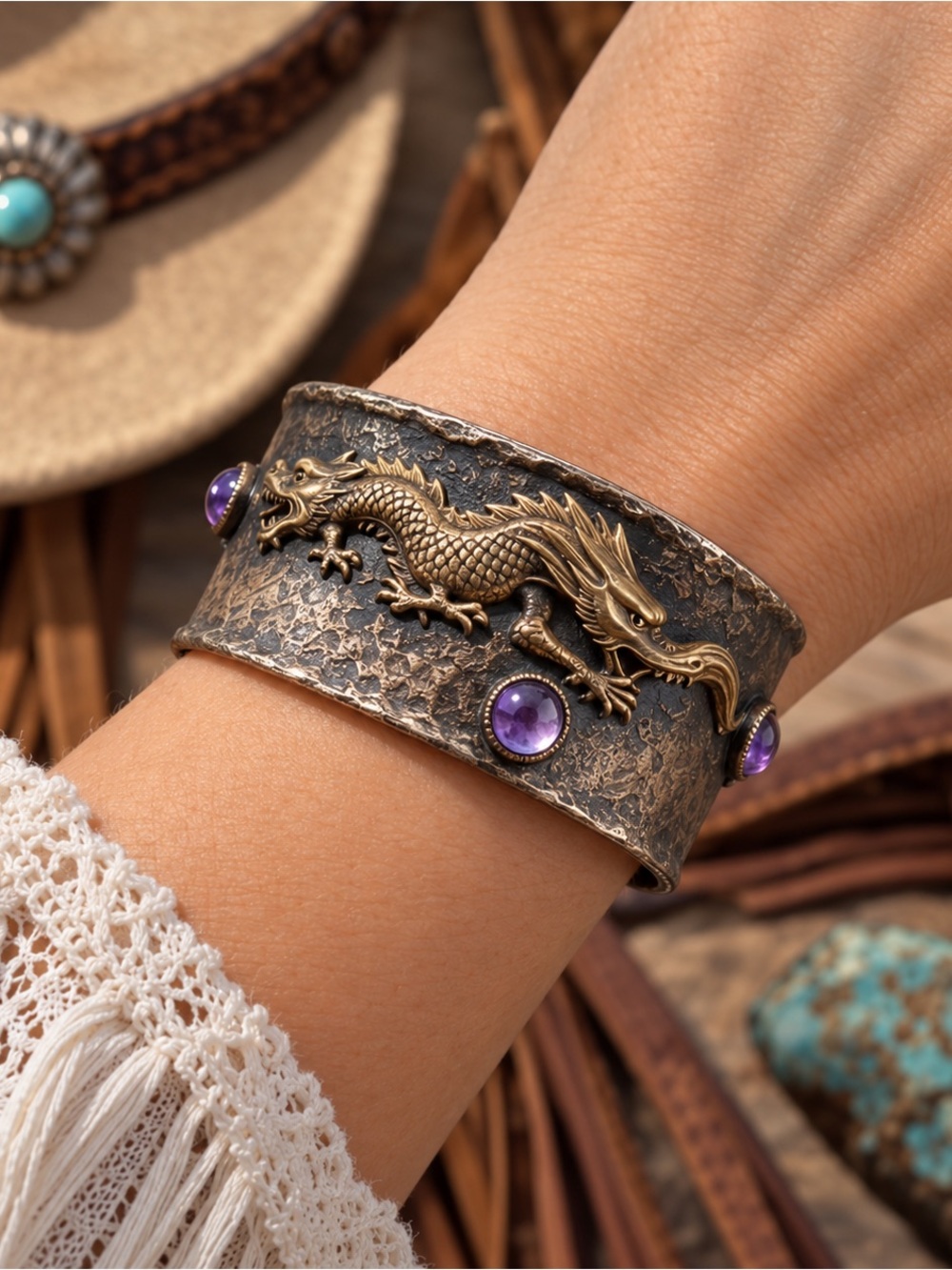 Dragon Cuff Bracelet Purple Stones Mixed Metal Statement Jewelry